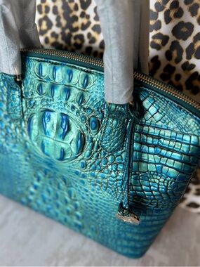 Brahmin Teal Iridescent Croc-Embossed Top-Handle Satchel